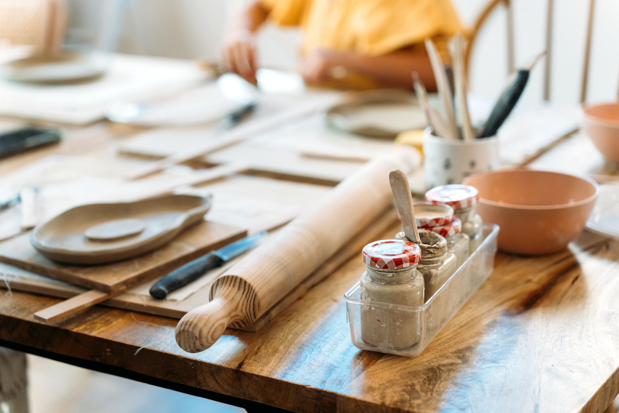 Kitchen bench with organized mise en place and notes